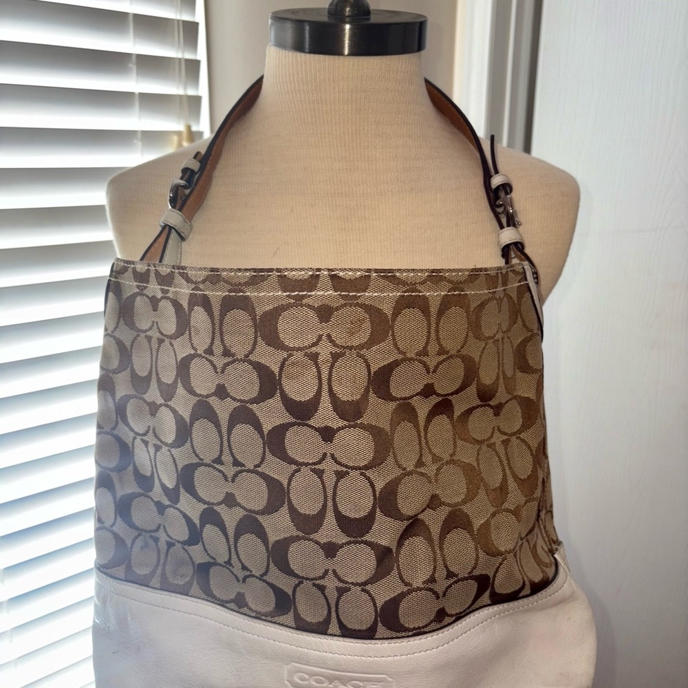 COACH Brown Beige Signature Jacquard / Leather Bag 2156